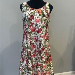 Floral Sleeveless A-Line Dress in White and Pink perfect spring summer dress